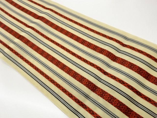 紗 縞に抽象模様織出し名古屋帯